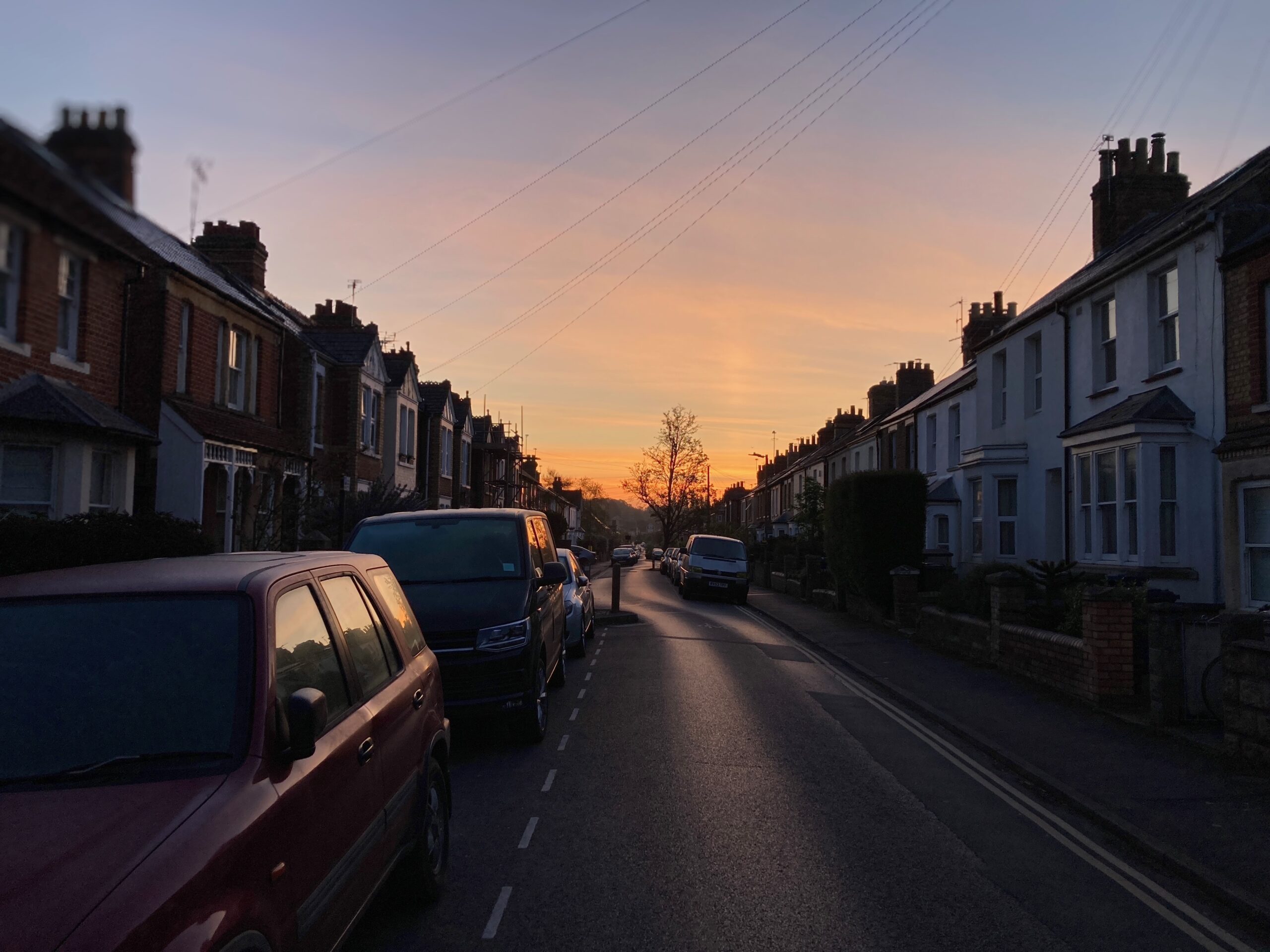 East-facing view of morning sky, streaked with pink-orange,  down an Oxford road lined by terraced houses, with the silhouette of a bare tree at the focal point.
