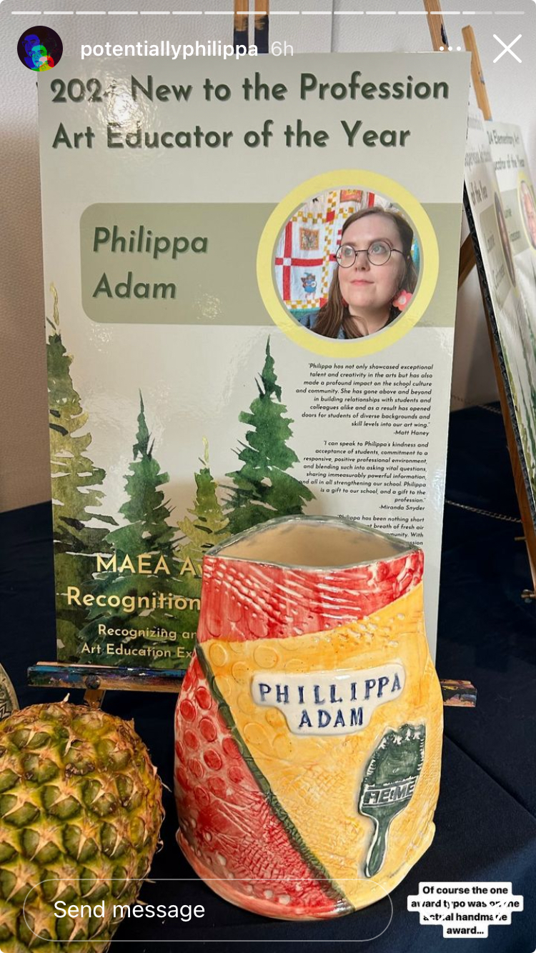 A poster praising Pippa for her teaching and influence at Mount Desert High, along with a colourful award ceramic with her name misspelled